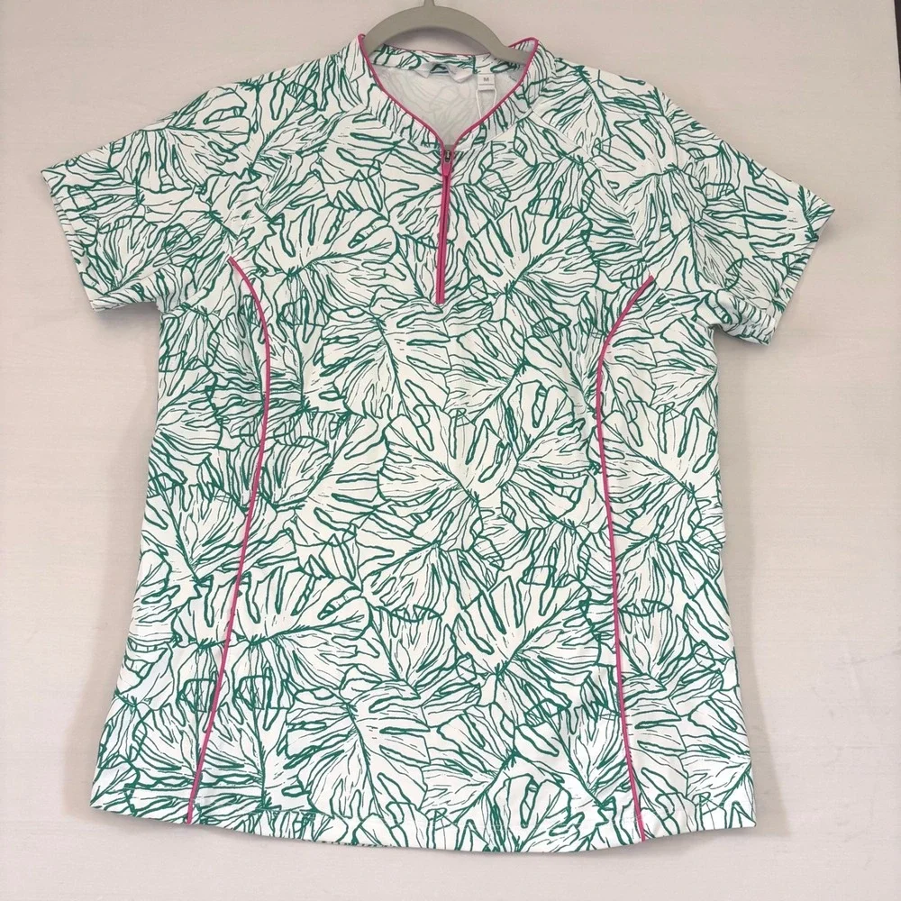 Lady Hagen Womens Green White Monstera Leaf Quarter Zip Golf Polo Shirt M - Picture 1 of 12